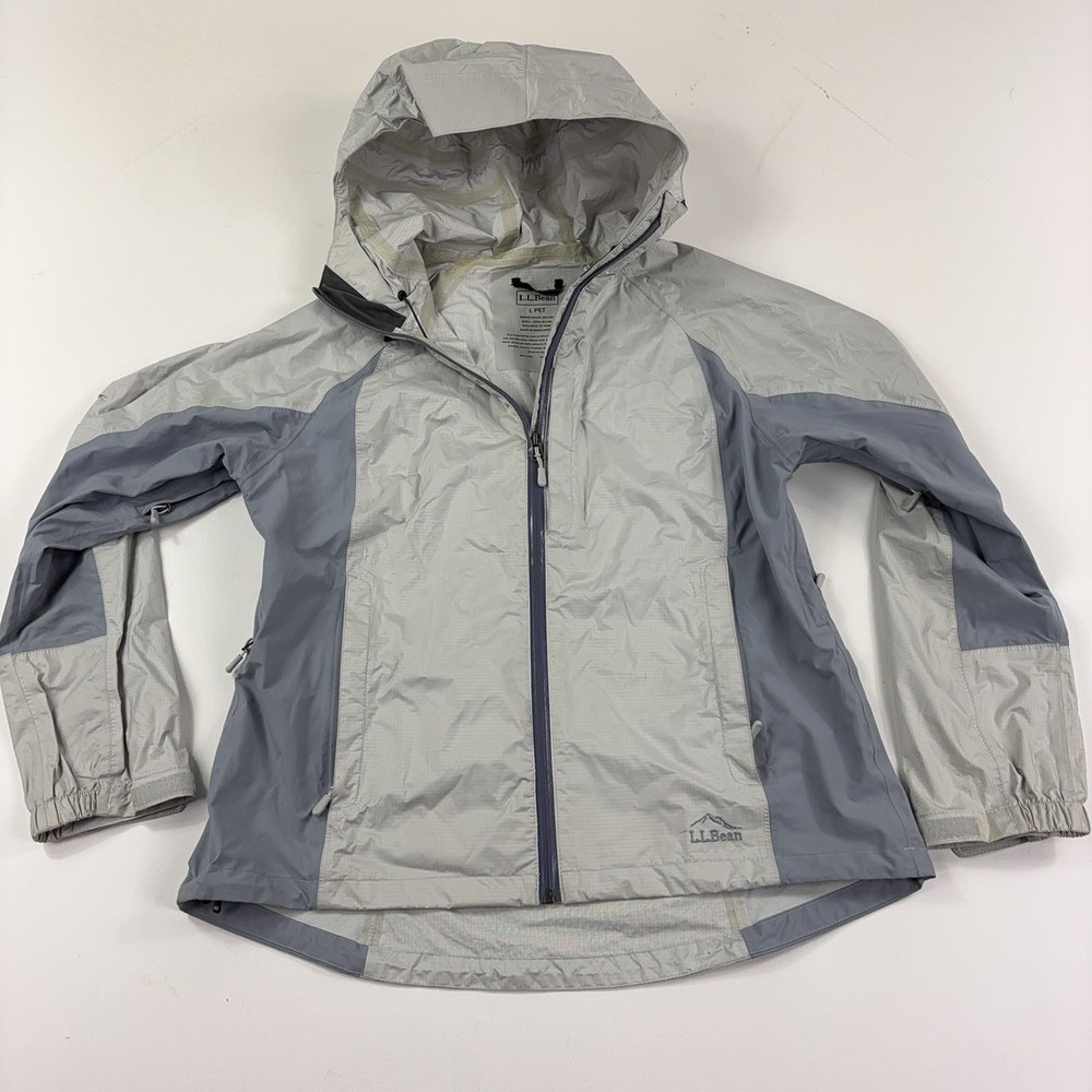 L.L. Bean Jacket Womens Petite Large Gray Nylon Hooded Rain Coat Zip Vented